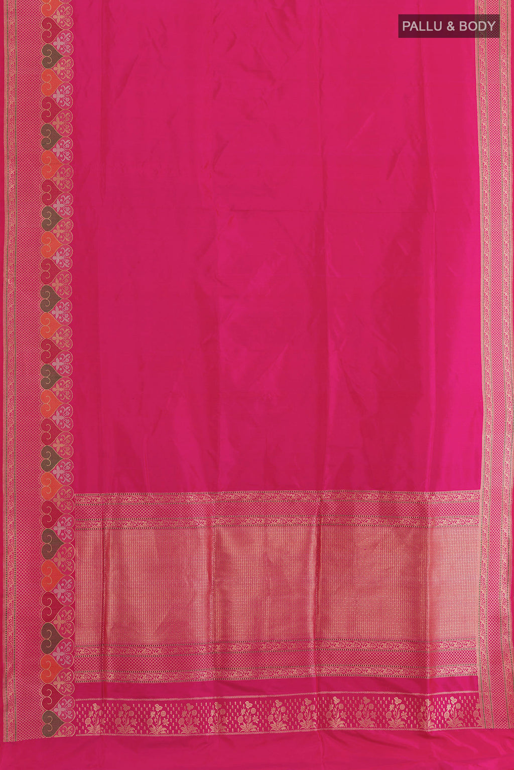 Flat view of Pink Banarasi Silk Saree with Plain Body and Zari Border. 