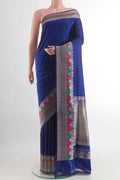 Blue Banarasi Silk Saree with Plain Body and Zari Border.  displayed on a mannequin