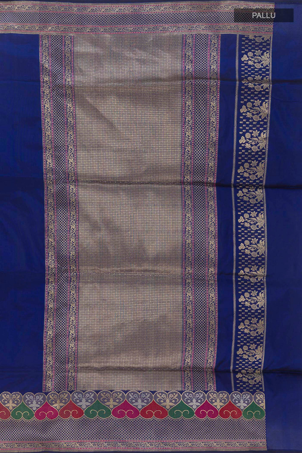 Close up image of the pallu of Blue Banarasi Silk Saree with Plain Body and Zari Border. 