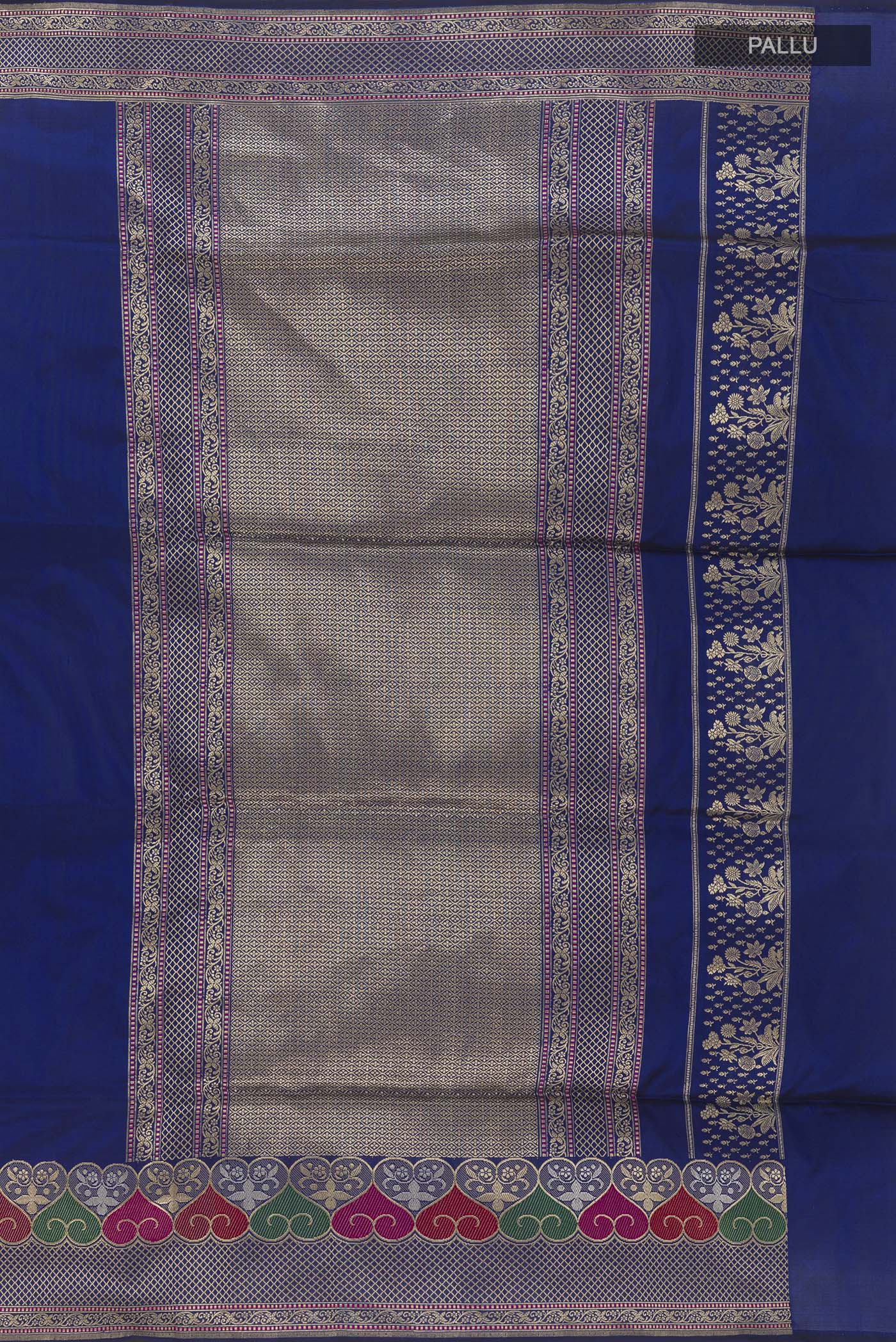 Close up image of the pallu of Blue Banarasi Silk Saree with Plain Body and Zari Border. 