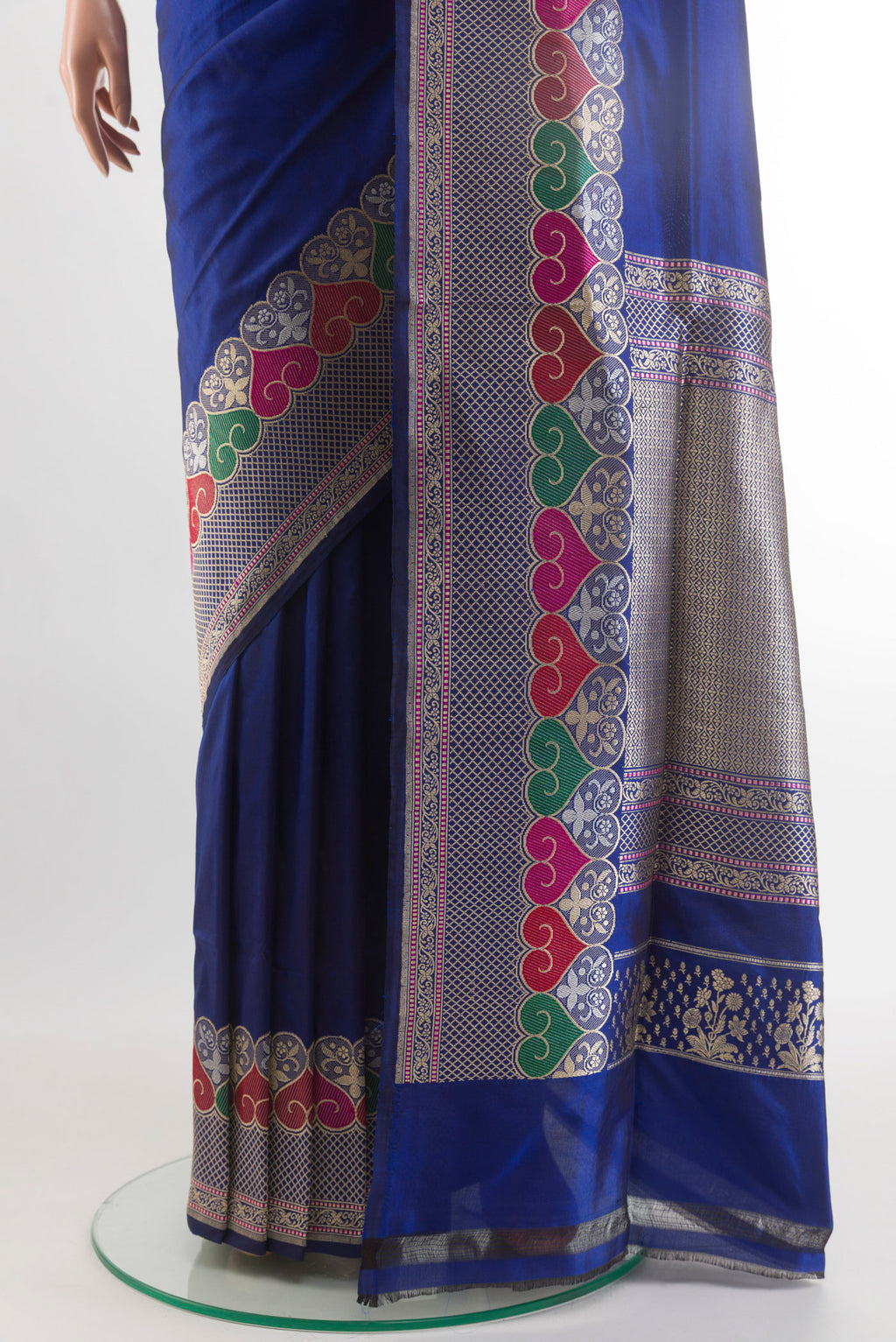 Pleats and pallu of Blue Banarasi Silk Saree with Plain Body and Zari Border. 