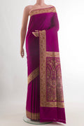 Purple Banarasi Silk Saree with Plain Body and Thread Border.  displayed on a mannequin