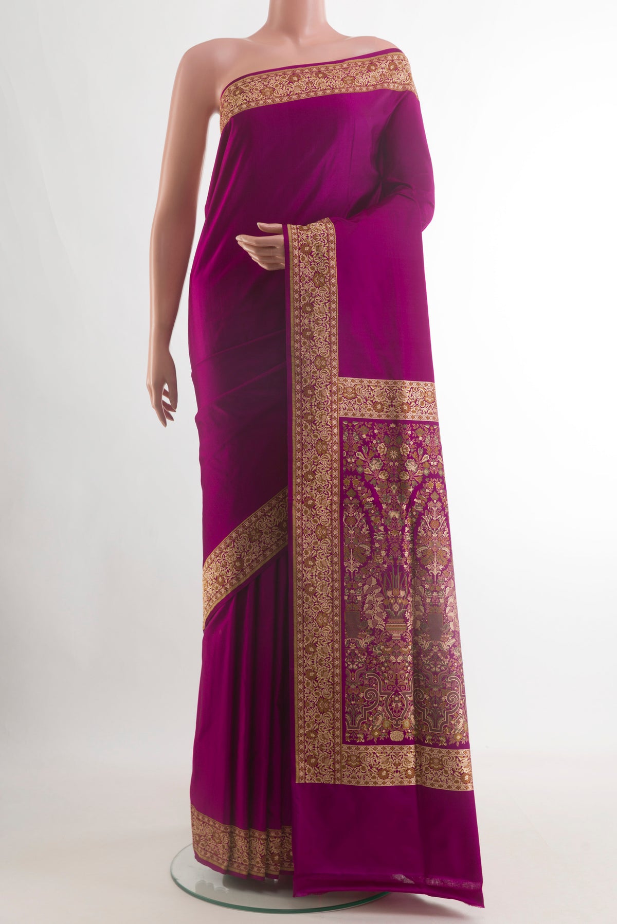 Purple Banarasi Silk Saree with Plain Body and Thread Border.  displayed on a mannequin
