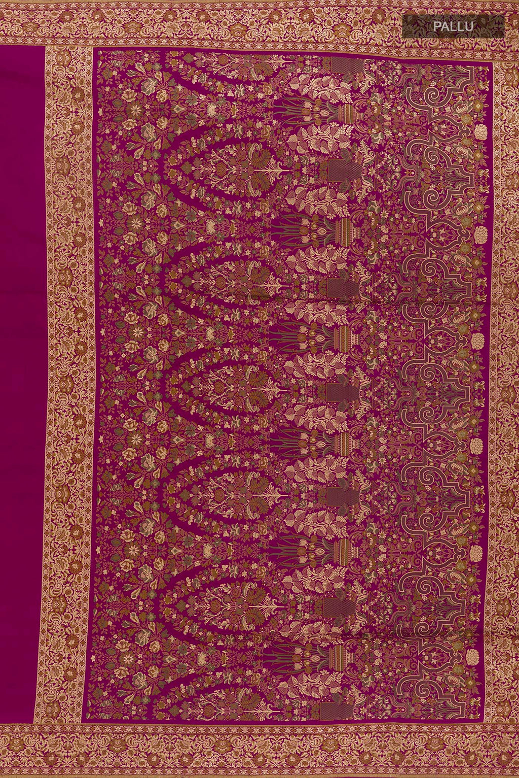 Close up image of the pallu of Purple Banarasi Silk Saree with Plain Body and Thread Border. 