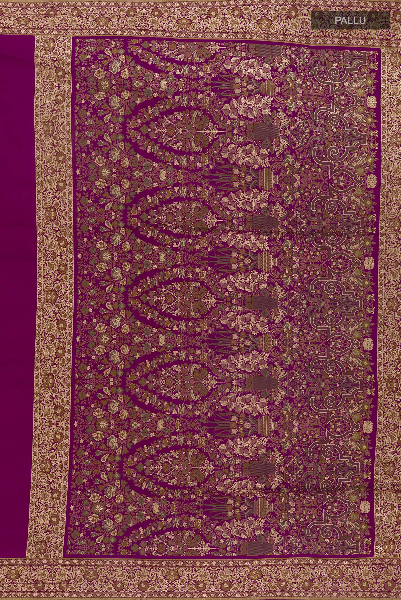 Close up image of the pallu of Purple Banarasi Silk Saree with Plain Body and Thread Border. 