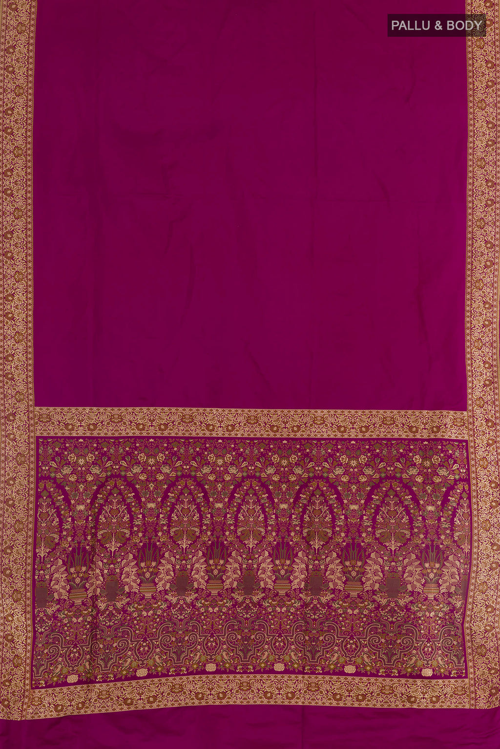 Flat view of Purple Banarasi Silk Saree with Plain Body and Thread Border. 