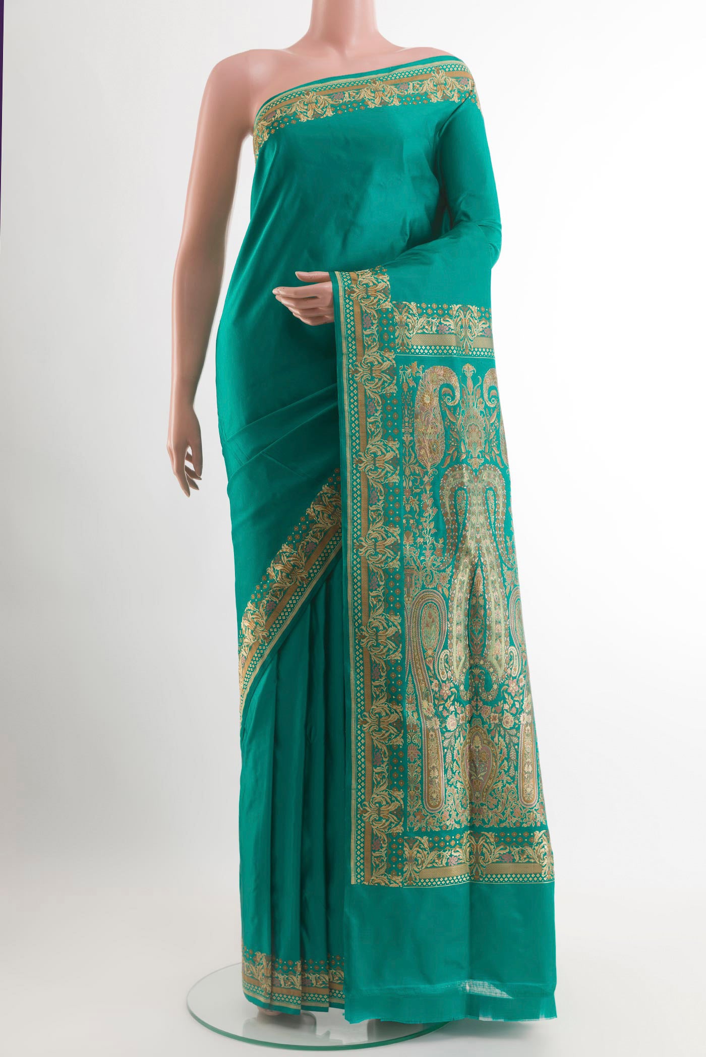 Sea Green Banarasi Silk Saree with Plain Body and Embroidery Border.  displayed on a mannequin