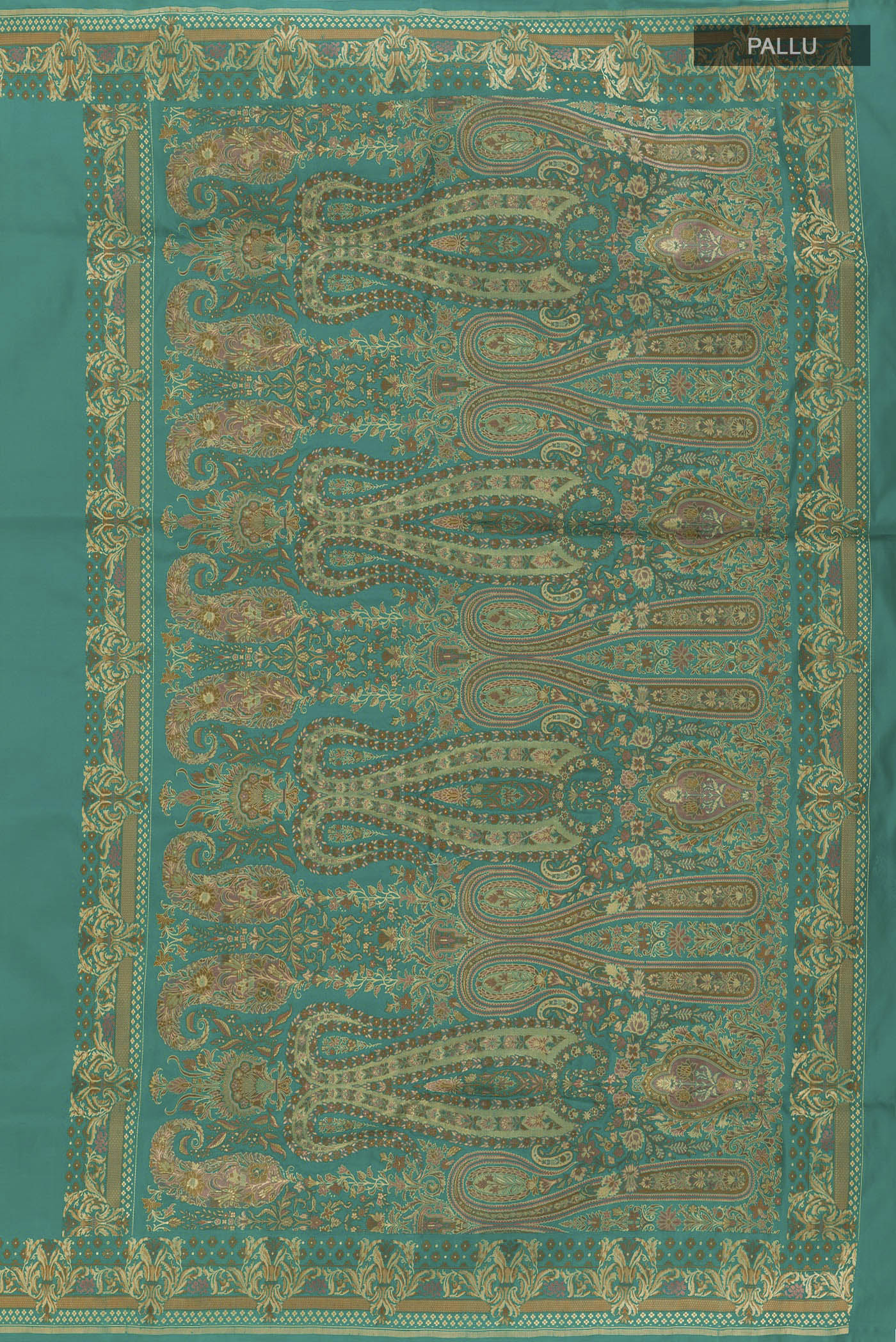 Close up image of the pallu of Sea Green Banarasi Silk Saree with Plain Body and Embroidery Border. 