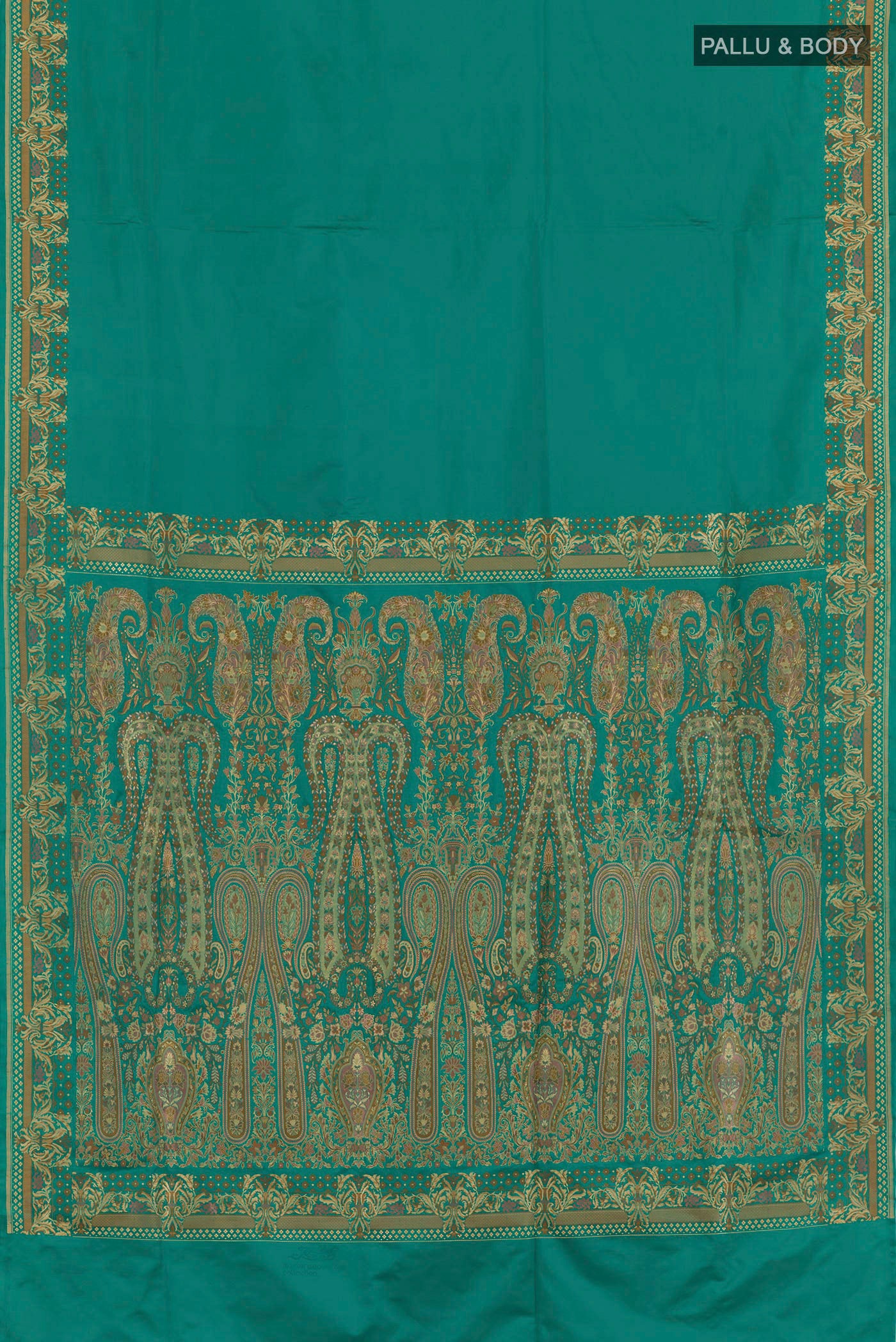Flat view of Sea Green Banarasi Silk Saree with Plain Body and Embroidery Border. 