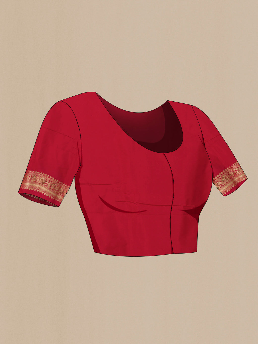 Close up image of the blouse of Red Banarasi Silk Saree with Zari Butta on the body and Zari Border. 