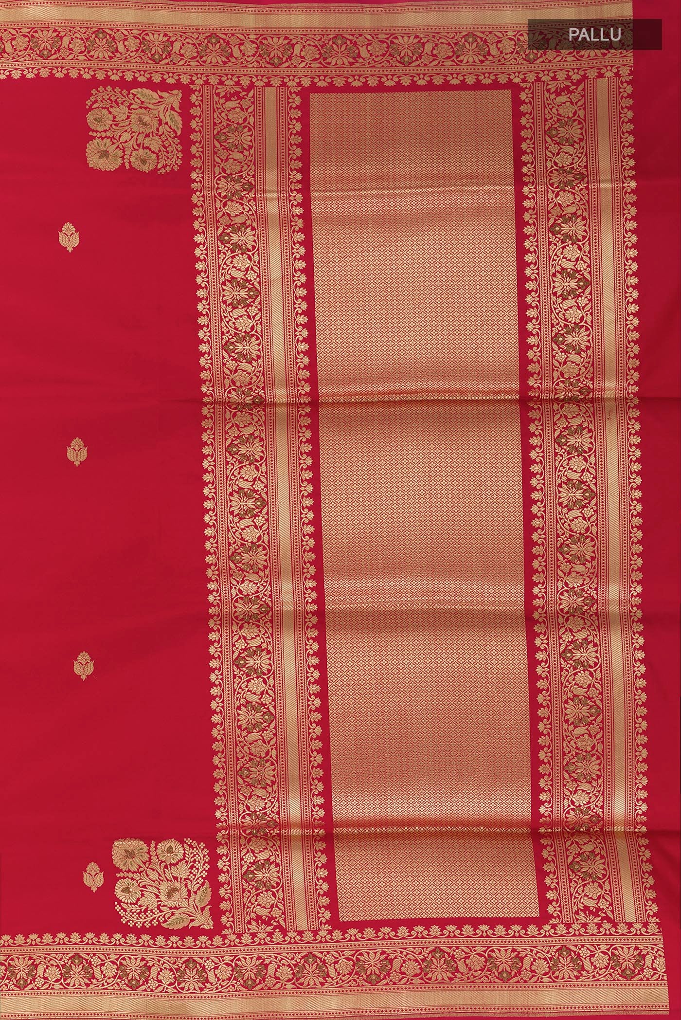 Close up image of the pallu of Red Banarasi Silk Saree with Zari Butta on the body and Zari Border. 