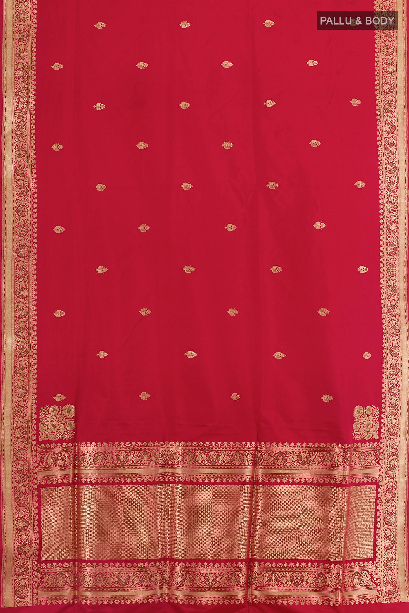 Flat view of Red Banarasi Silk Saree with Zari Butta on the body and Zari Border. 