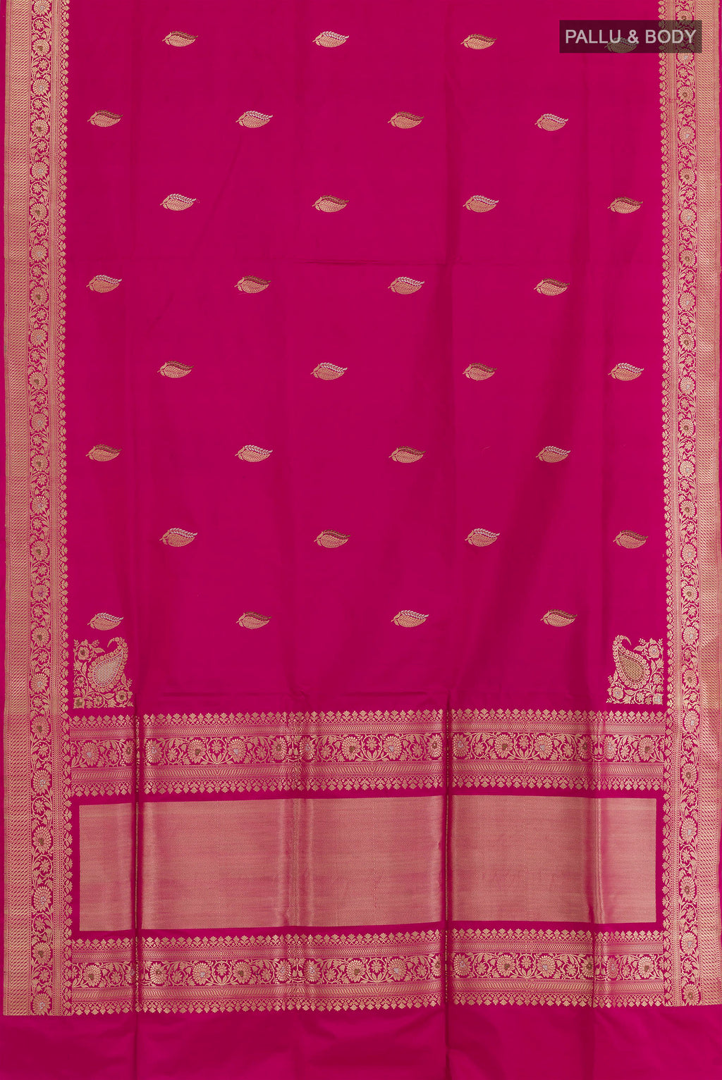 Flat view of Rani Pink Banarasi Silk Saree with Zari Butta on the body and Zari Border. 