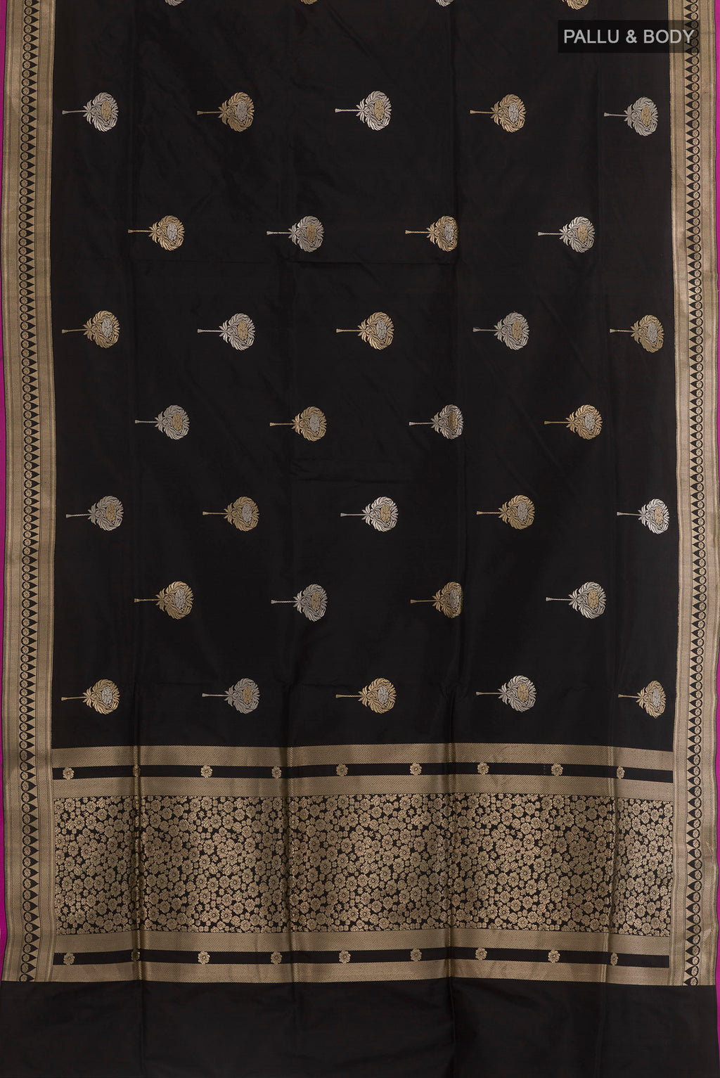 Flat view of Black Banarasi Silk Saree with Zari Butta on the body and Zari Border. 