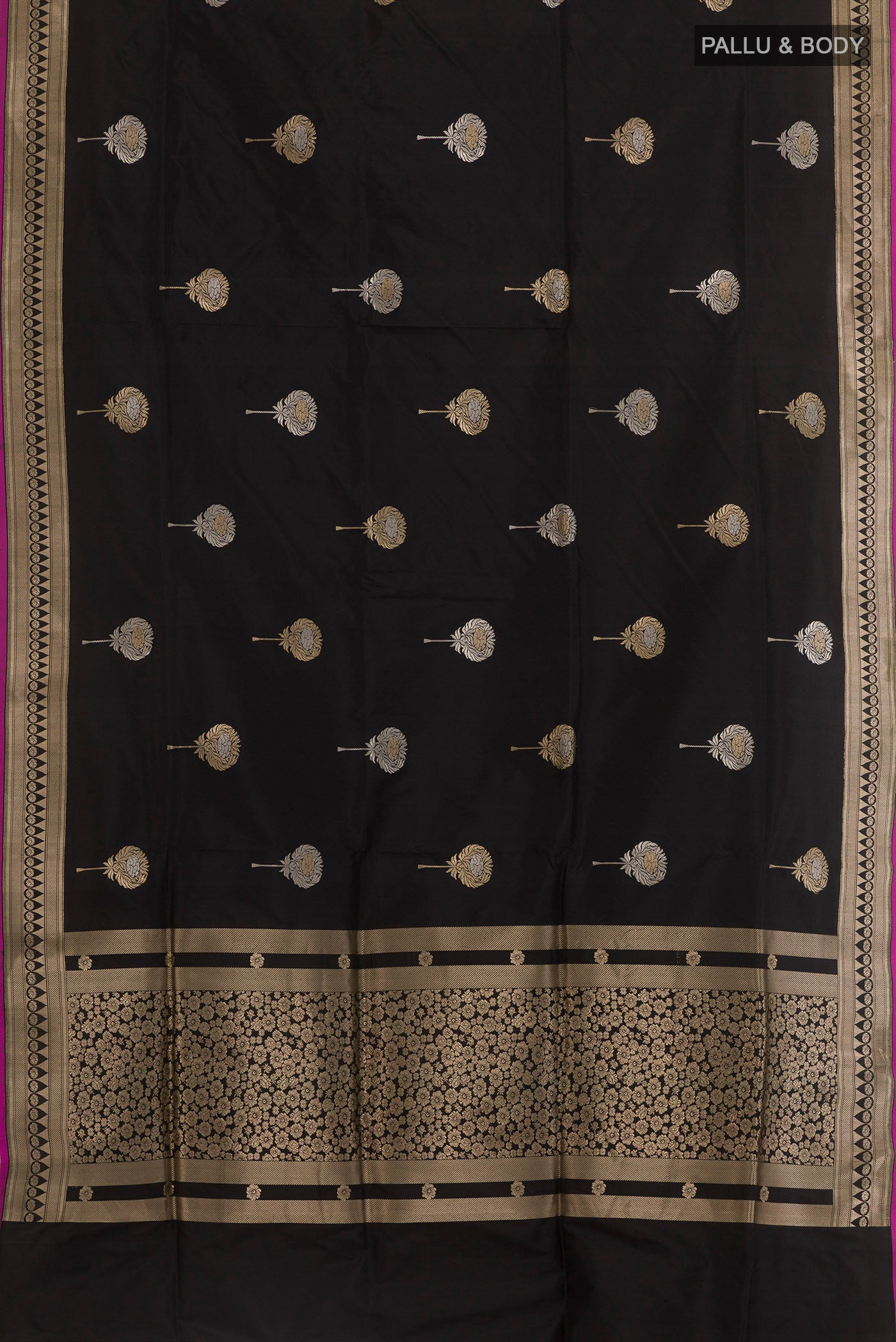Flat view of Black Banarasi Silk Saree with Zari Butta on the body and Zari Border. 