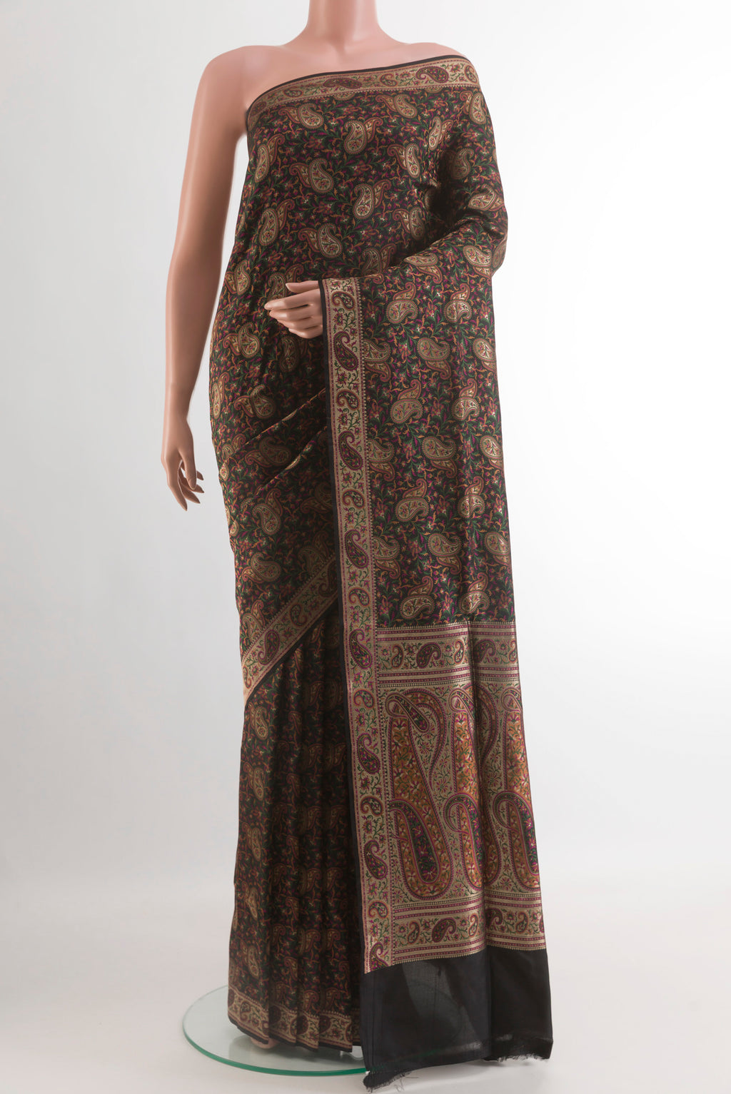 Black Banarasi Tanchoi Silk Saree with Jamdani on the body and Thread Border.  displayed on a mannequin