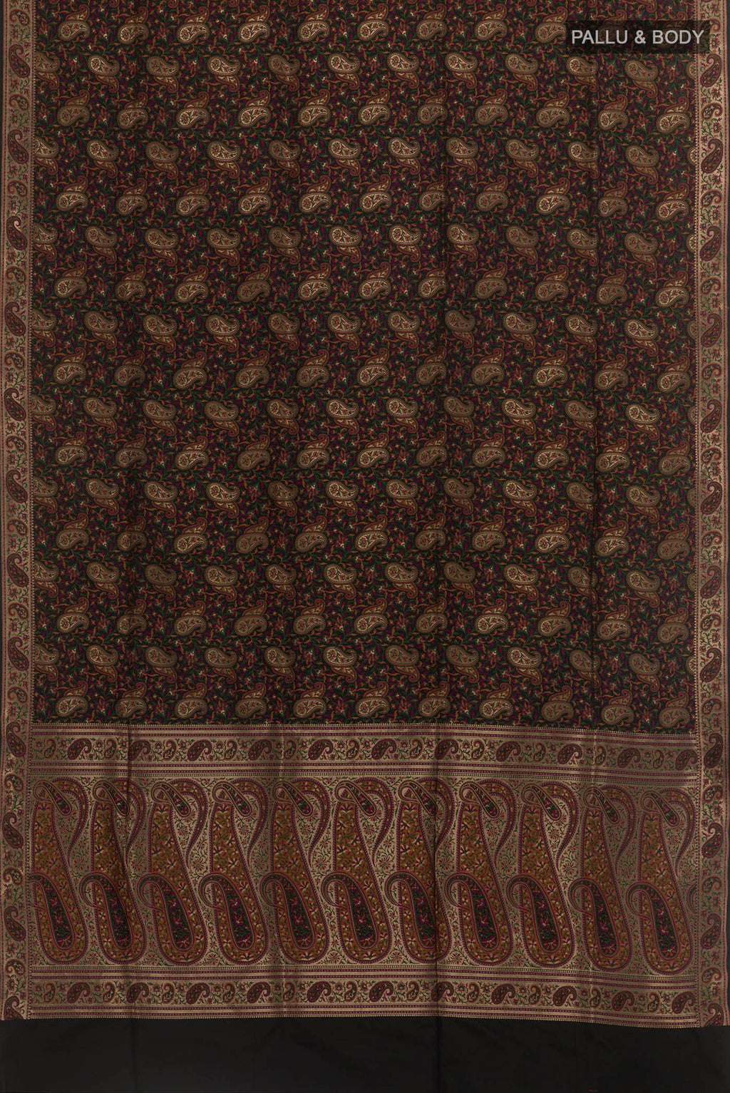 Flat view of Black Banarasi Tanchoi Silk Saree with Jamdani on the body and Thread Border. 