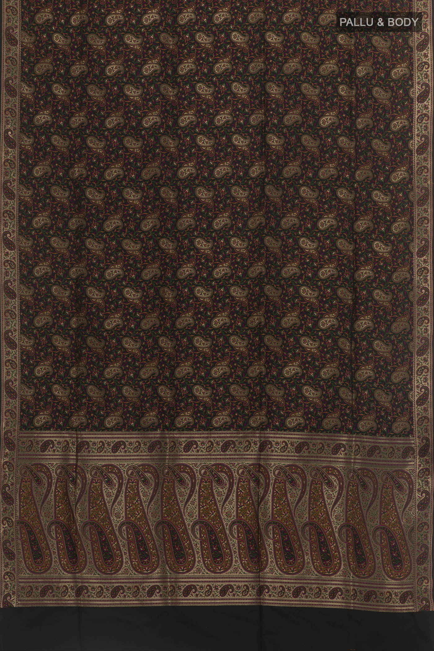 Flat view of Black Banarasi Tanchoi Silk Saree with Jamdani on the body and Thread Border. 