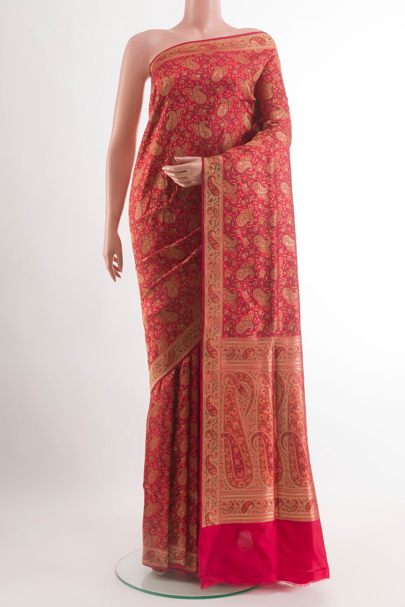 Red Banarasi Jamavar Saree with Jamdani on the body and Zari Border.  displayed on a mannequin