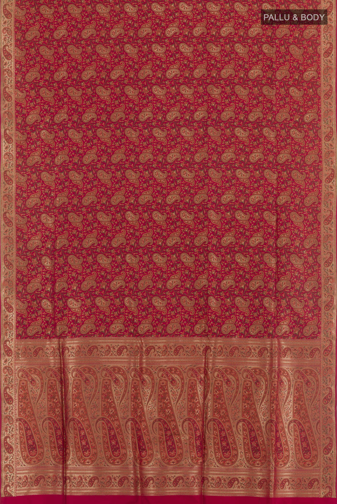 Flat view of Red Banarasi Jamavar Saree with Jamdani on the body and Zari Border. 