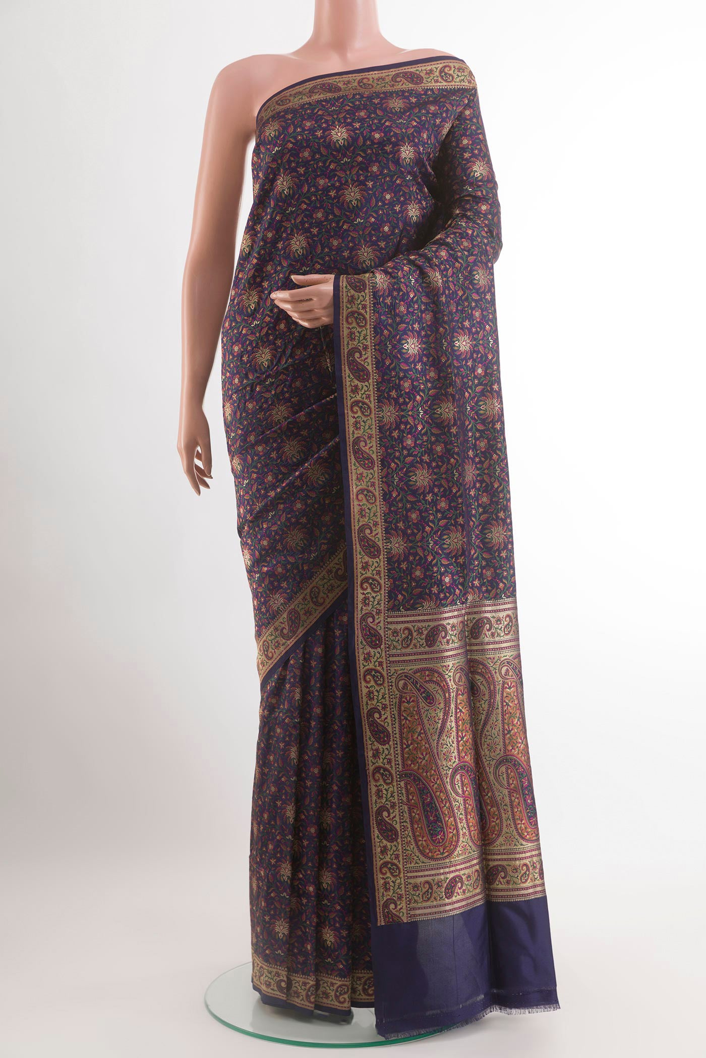 Navy Blue Banarasi Jamavar Saree with Jamdani on the body and Zari Border.  displayed on a mannequin