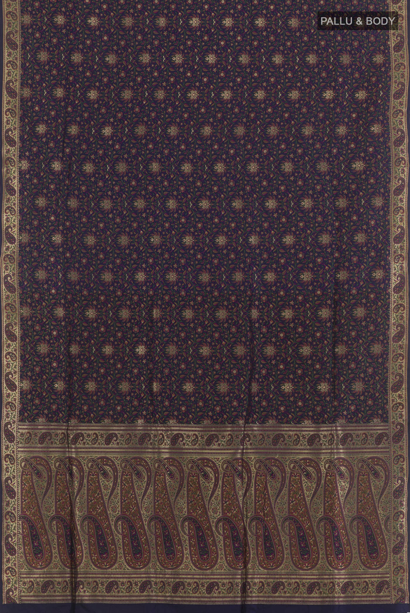 Flat view of Navy Blue Banarasi Jamavar Saree with Jamdani on the body and Zari Border. 