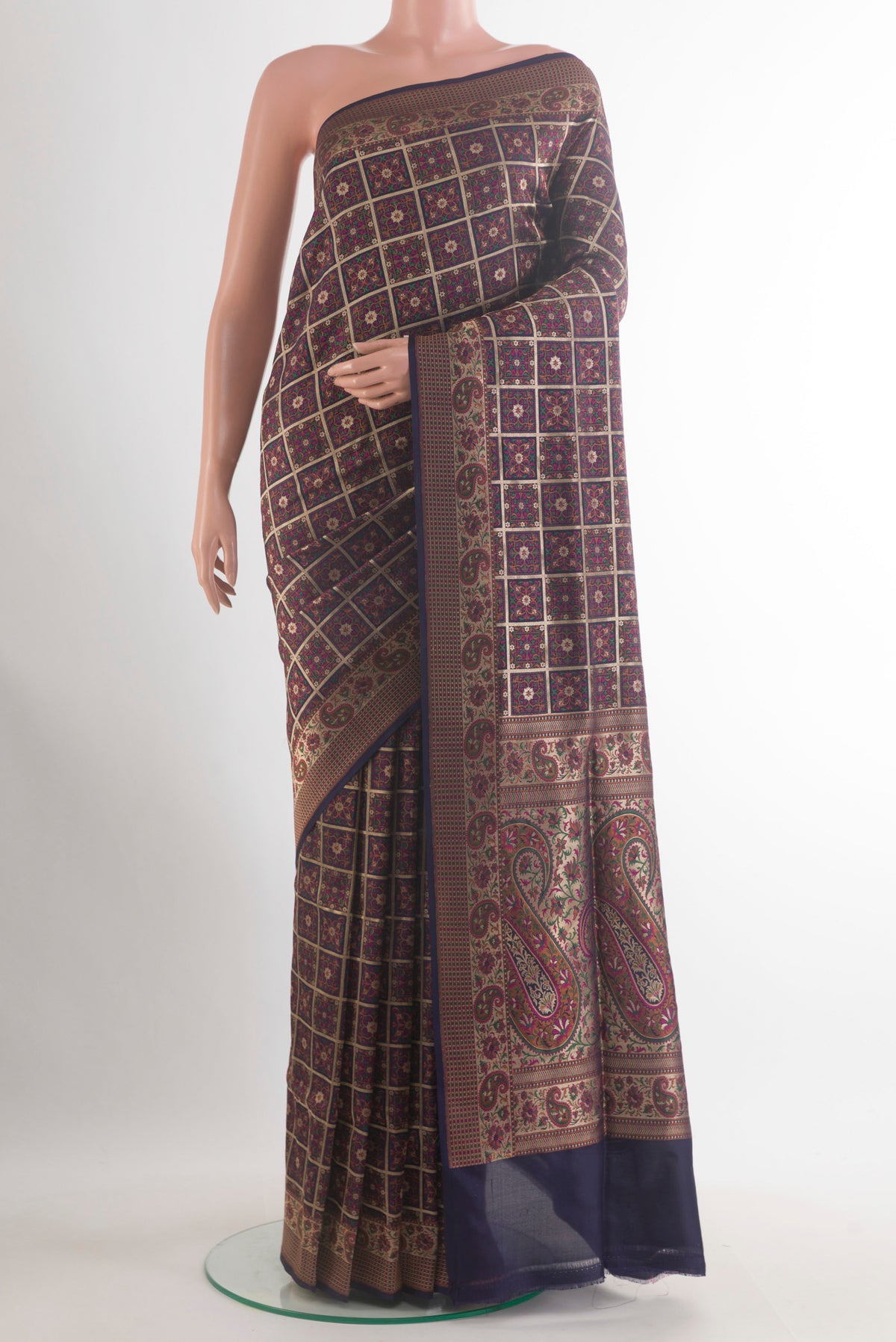 Pure Silk Navy Blue Banarasi Jamavar Saree with Jamdani on the body and Zari Border.  displayed on a mannequin