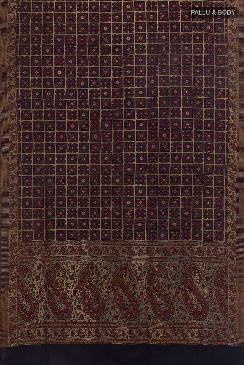 Flat view of Pure Silk Navy Blue Banarasi Jamavar Saree with Jamdani on the body and Zari Border. 
