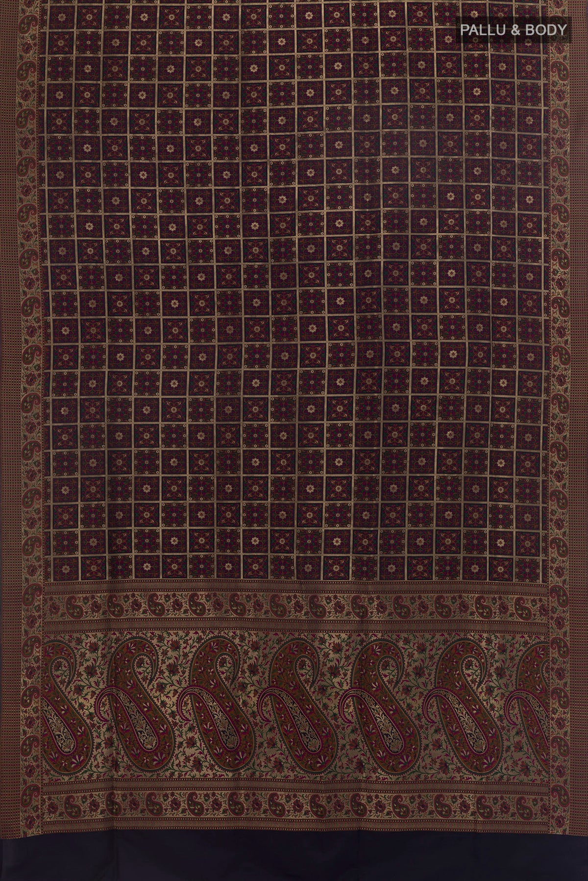 Flat view of Pure Silk Navy Blue Banarasi Jamavar Saree with Jamdani on the body and Zari Border. 