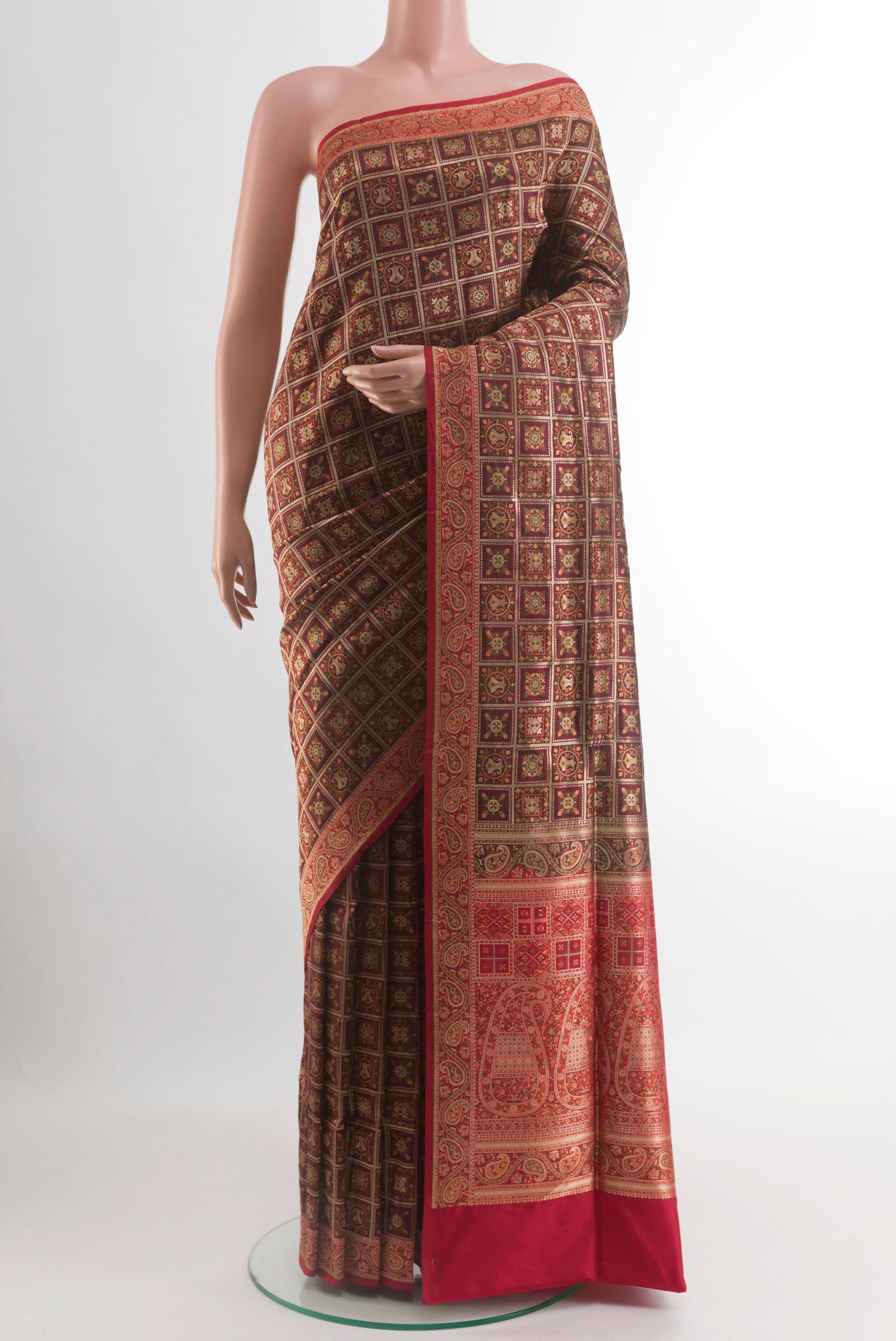 Coffee Brown Banarasi Jamavar Saree with Checked design on the body and Zari Border.  displayed on a mannequin