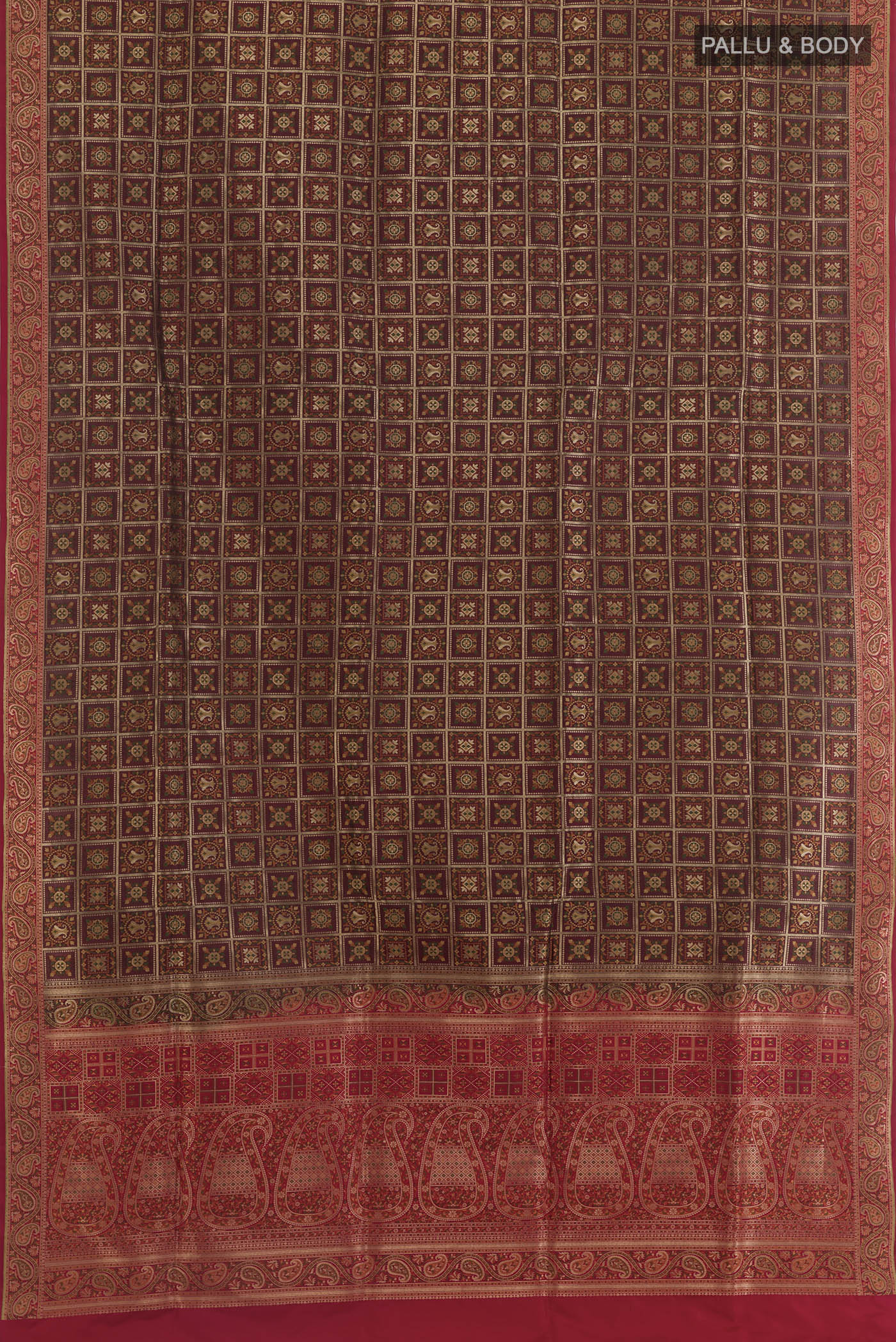 Flat view of Coffee Brown Banarasi Jamavar Saree with Checked design on the body and Zari Border. 