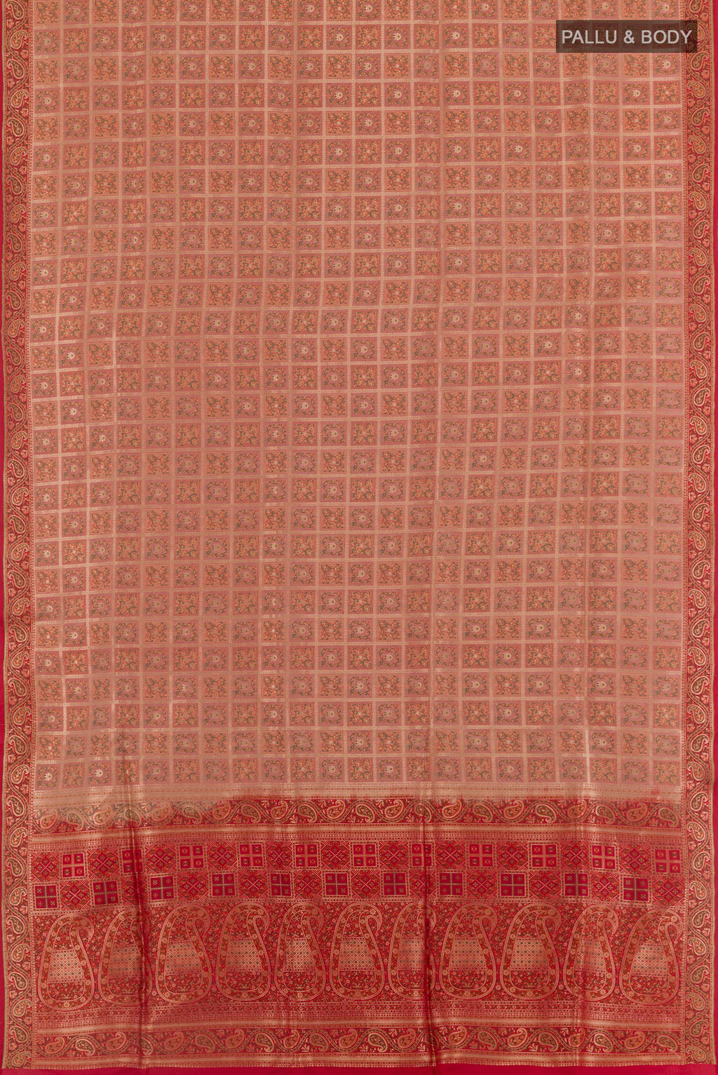 Flat view of Rose Gold Banarasi Jamavar Saree with Jamdani on the body and Zari Border. 