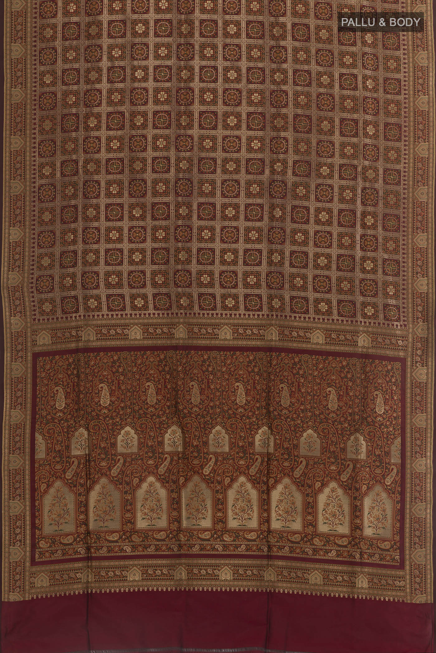 Flat view of Maroon Banarasi Jamavar Saree with Jamdani on the body and Zari Border. 