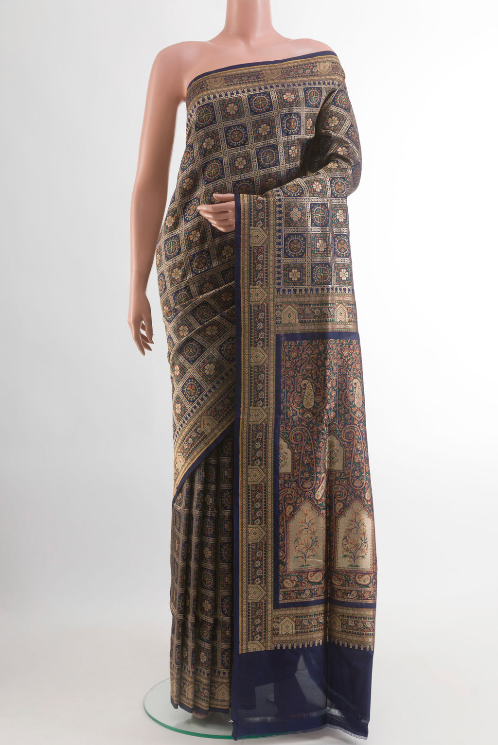 Navy Blue Banarasi Jamavar Saree with Checked design on the body and Zari Border.  displayed on a mannequin