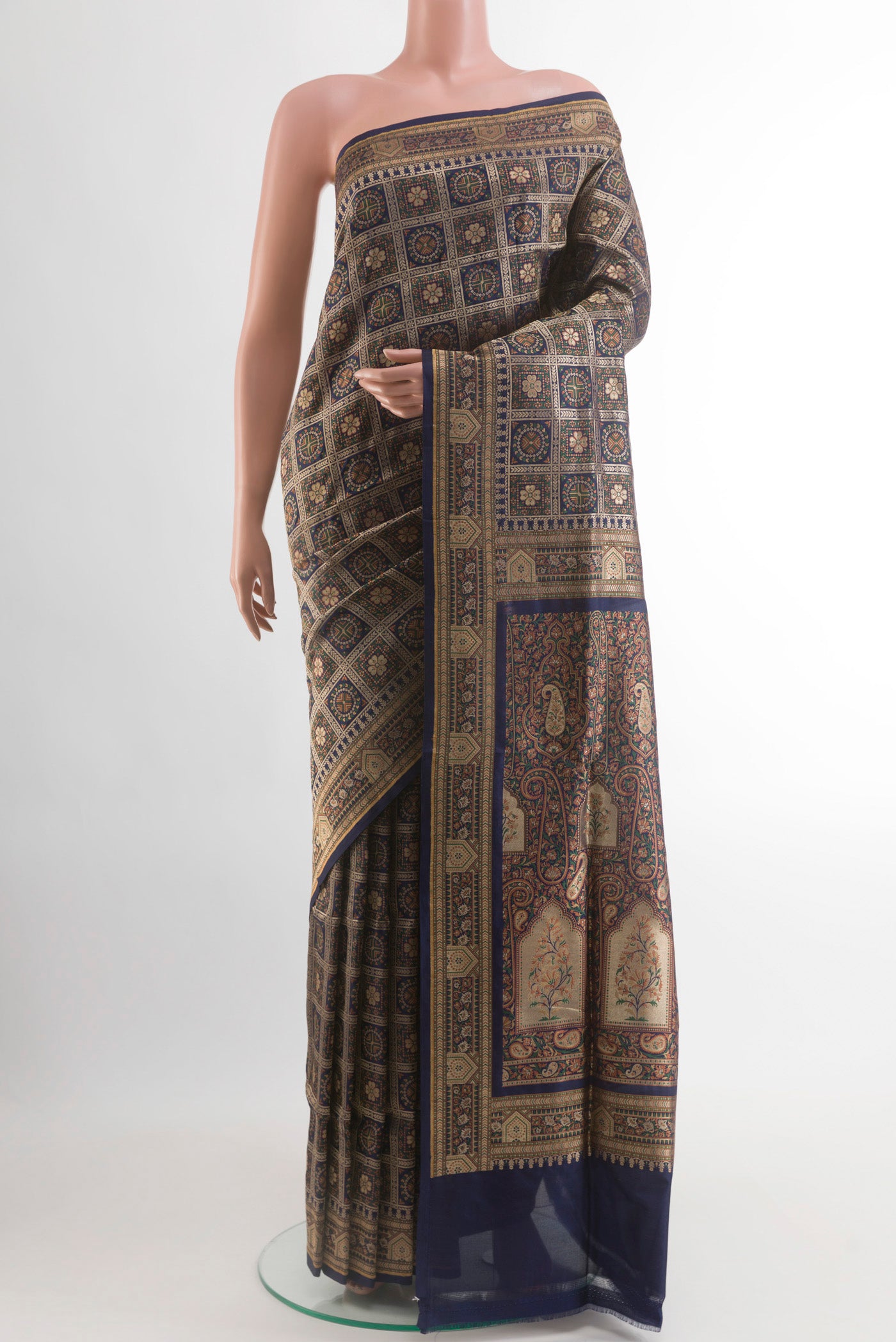 Navy Blue Banarasi Jamavar Saree with Checked design on the body and Zari Border.  displayed on a mannequin