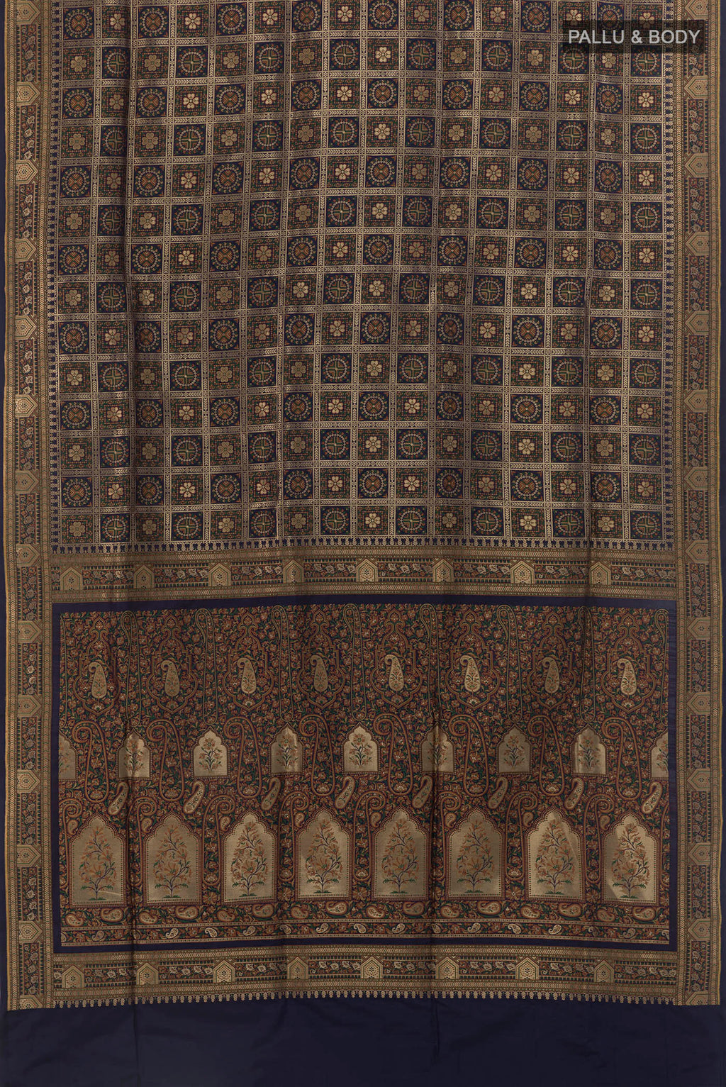 Flat view of Navy Blue Banarasi Jamavar Saree with Checked design on the body and Zari Border. 