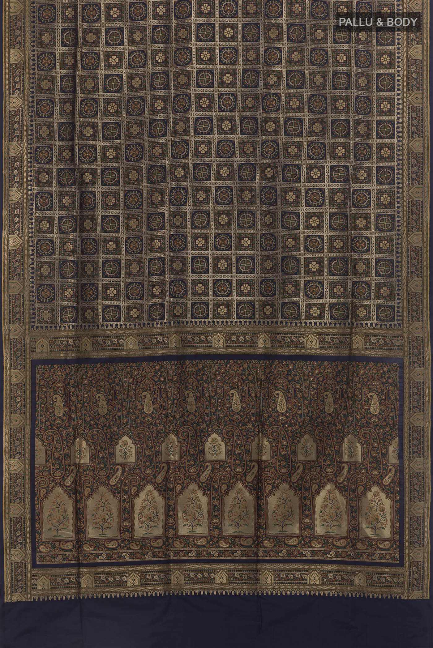 Flat view of Navy Blue Banarasi Jamavar Saree with Checked design on the body and Zari Border. 