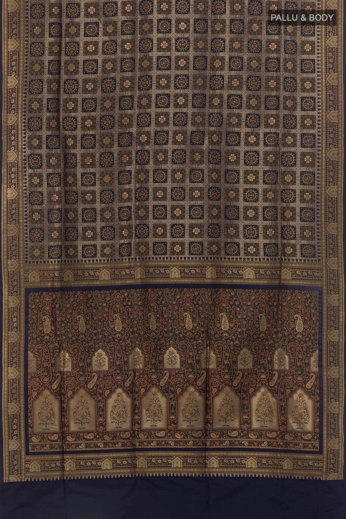 Flat view of Navy Blue Banarasi Jamavar Saree with Checked design on the body and Zari Border. 