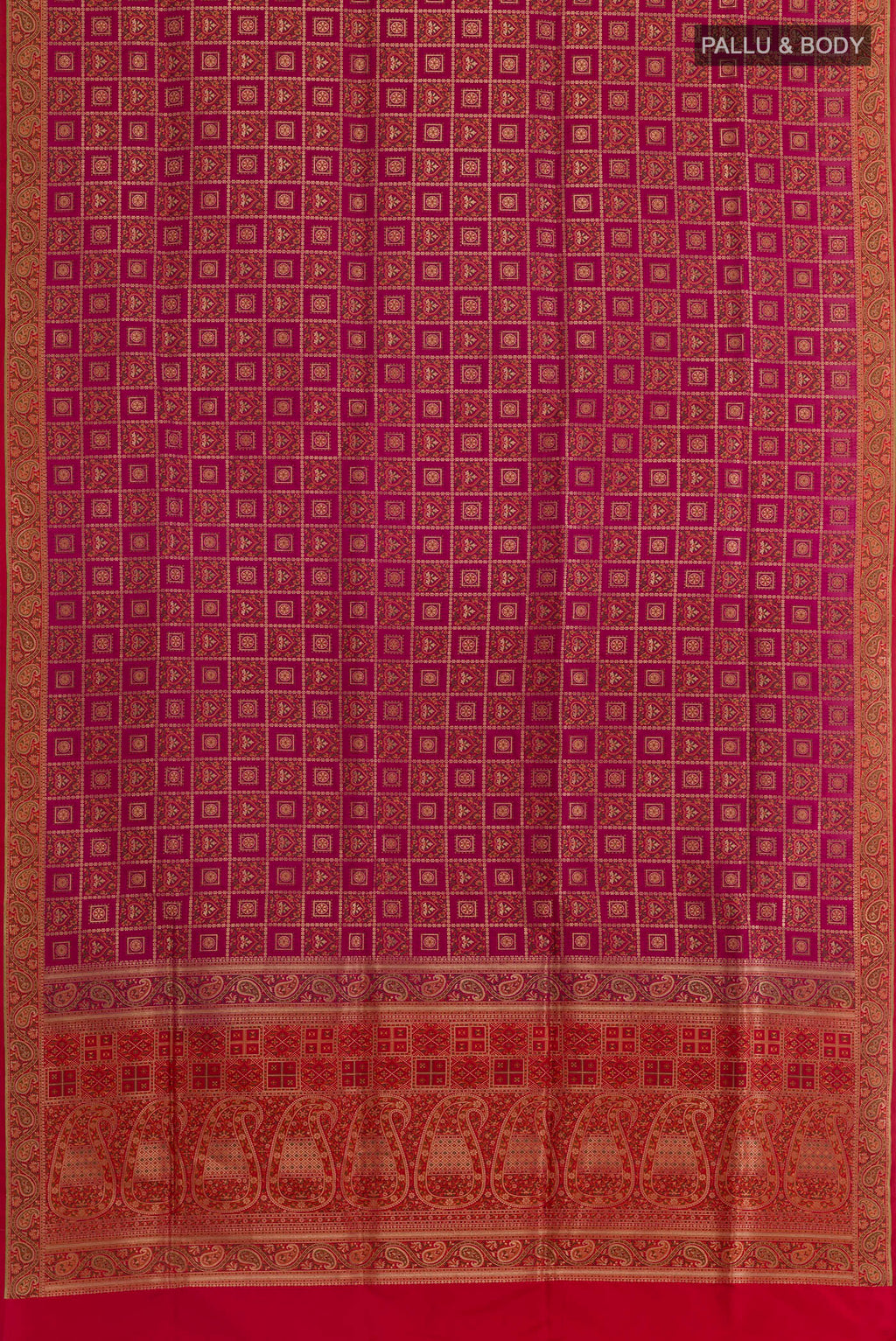 Flat view of Pink Banarasi Jamavar Saree with Jamdani on the body and Thread Border. 