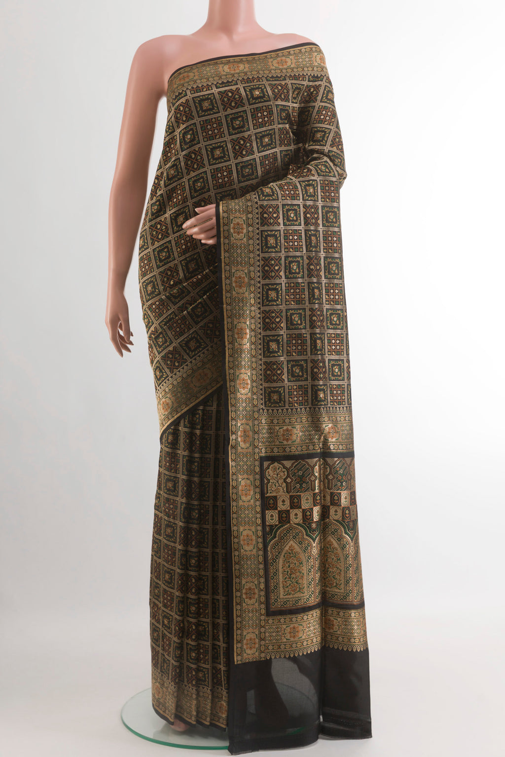Black Banarasi Jamavar Saree with Jamdani on the body and Thread Border.  displayed on a mannequin