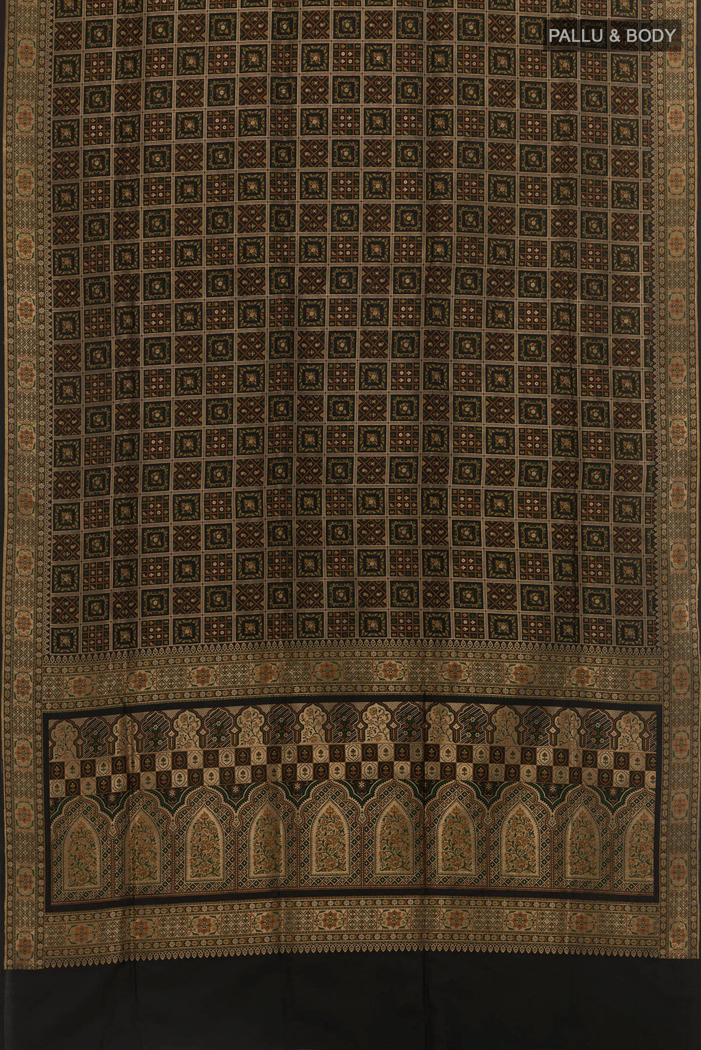 Flat view of Black Banarasi Jamavar Saree with Jamdani on the body and Thread Border. 