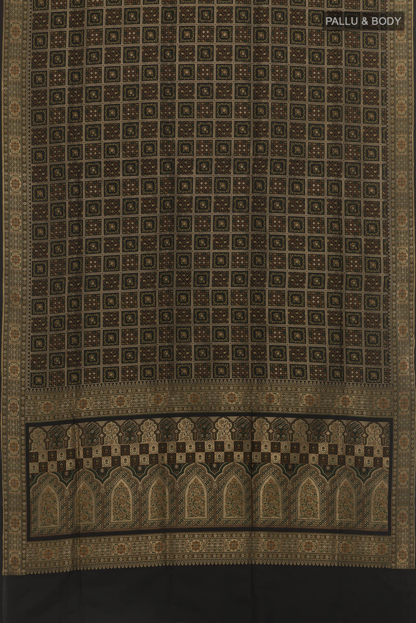 Flat view of Black Banarasi Jamavar Saree with Jamdani on the body and Thread Border. 