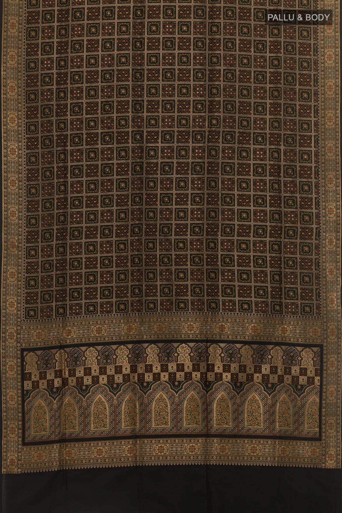 Flat view of Black Banarasi Jamavar Saree with Jamdani on the body and Thread Border. 