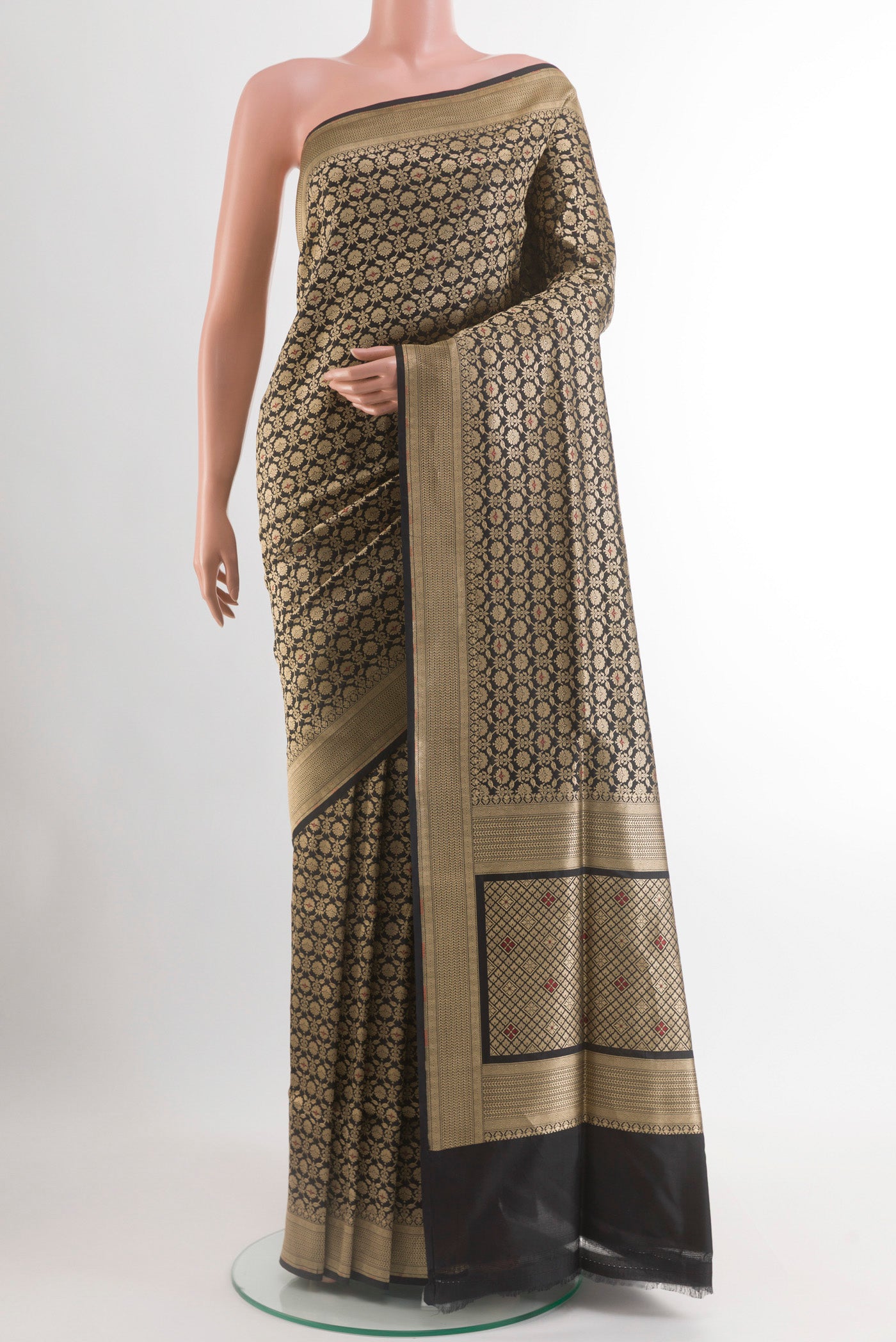 Black Banarasi Silk Saree with Zari Brocade on the body and Zari Border.  displayed on a mannequin