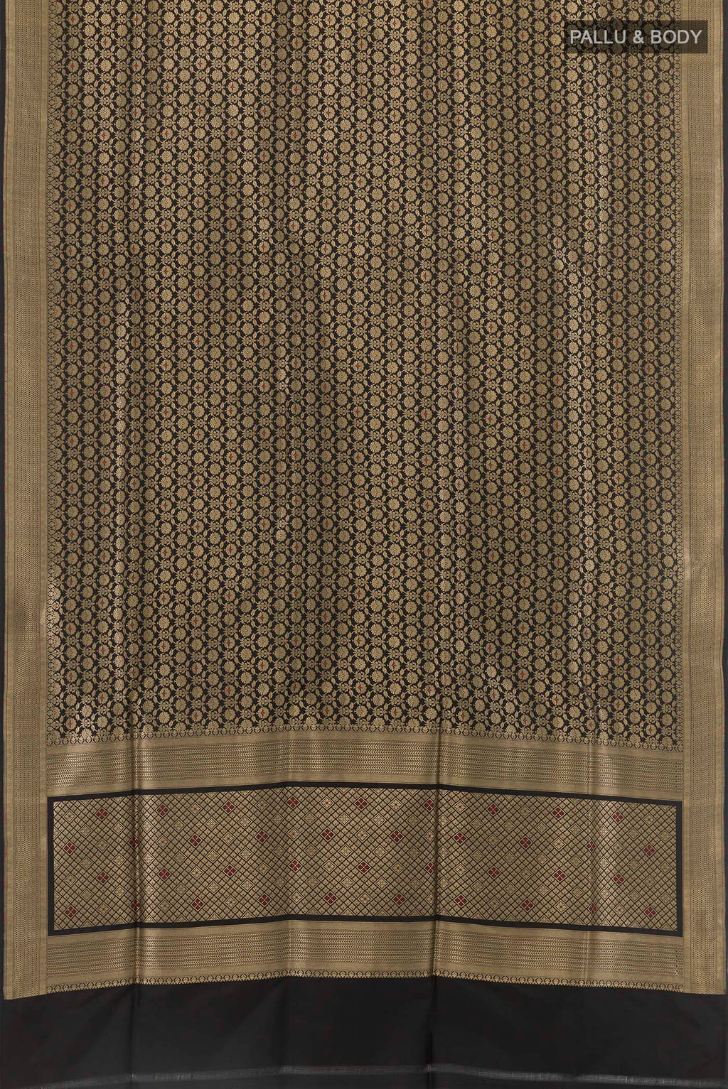Flat view of Black Banarasi Silk Saree with Zari Brocade on the body and Zari Border. 