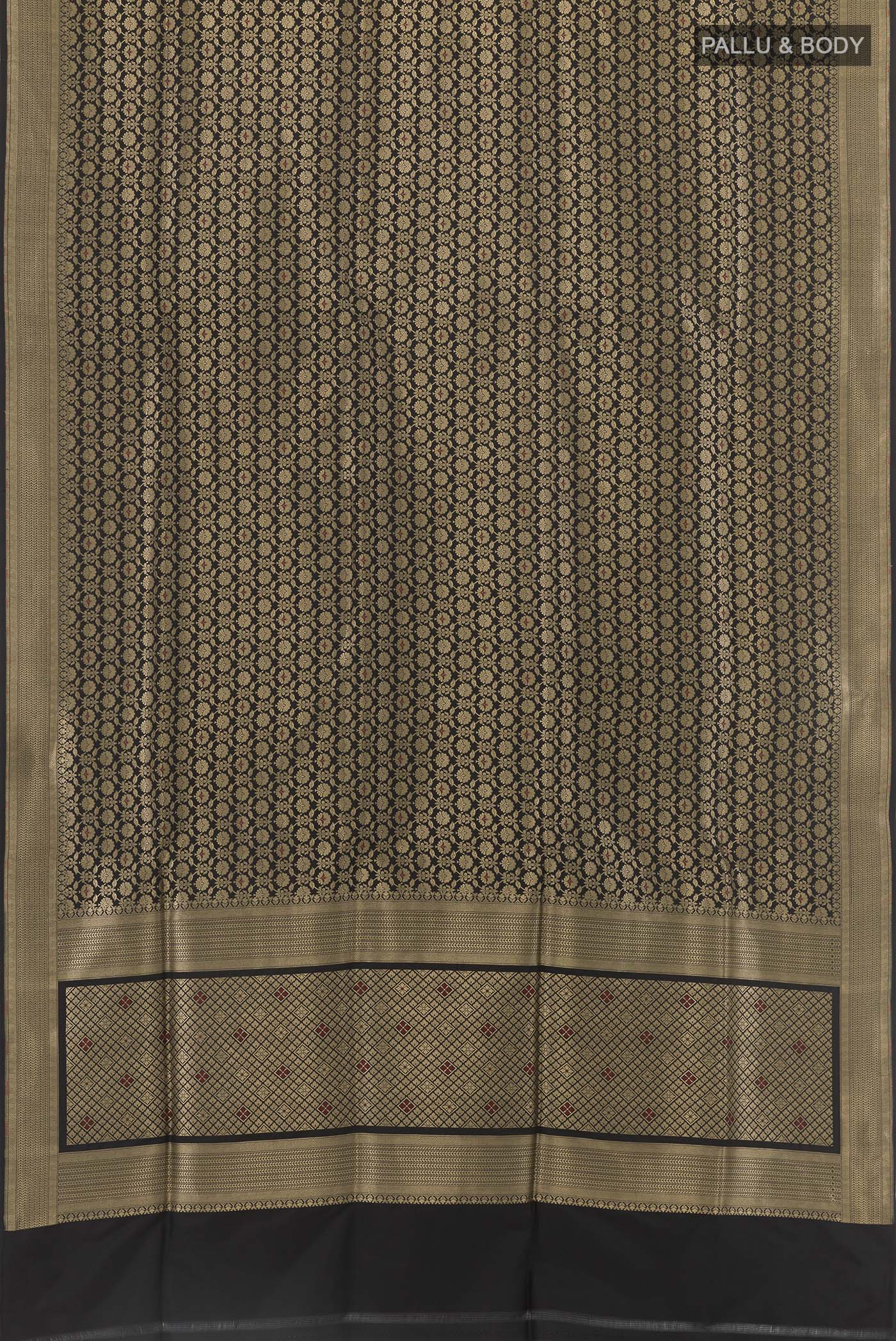 Flat view of Black Banarasi Silk Saree with Zari Brocade on the body and Zari Border. 