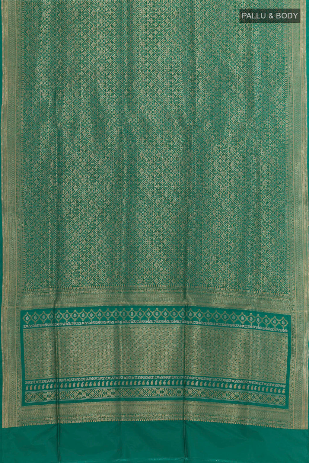 Flat view of Teal Banarasi Silk Saree with Zari Brocade on the body and Zari Border. 