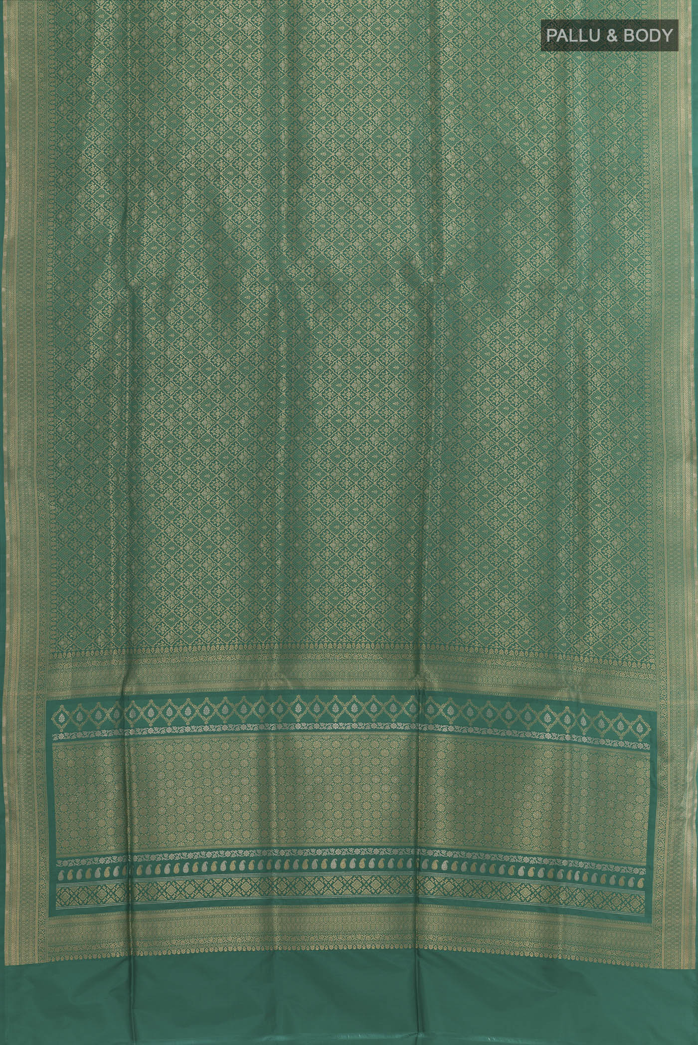 Flat view of Teal Banarasi Silk Saree with Zari Brocade on the body and Zari Border. 
