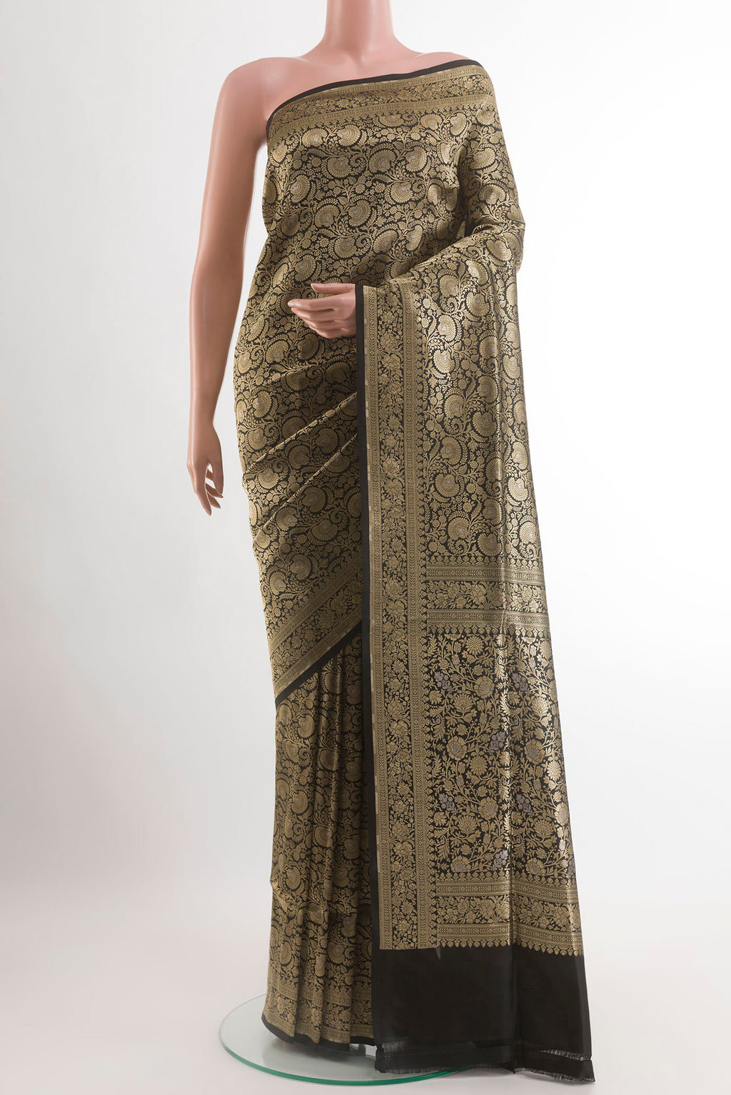 Black Banarasi Silk Saree with Zari Brocade on the body and Zari Border.  displayed on a mannequin