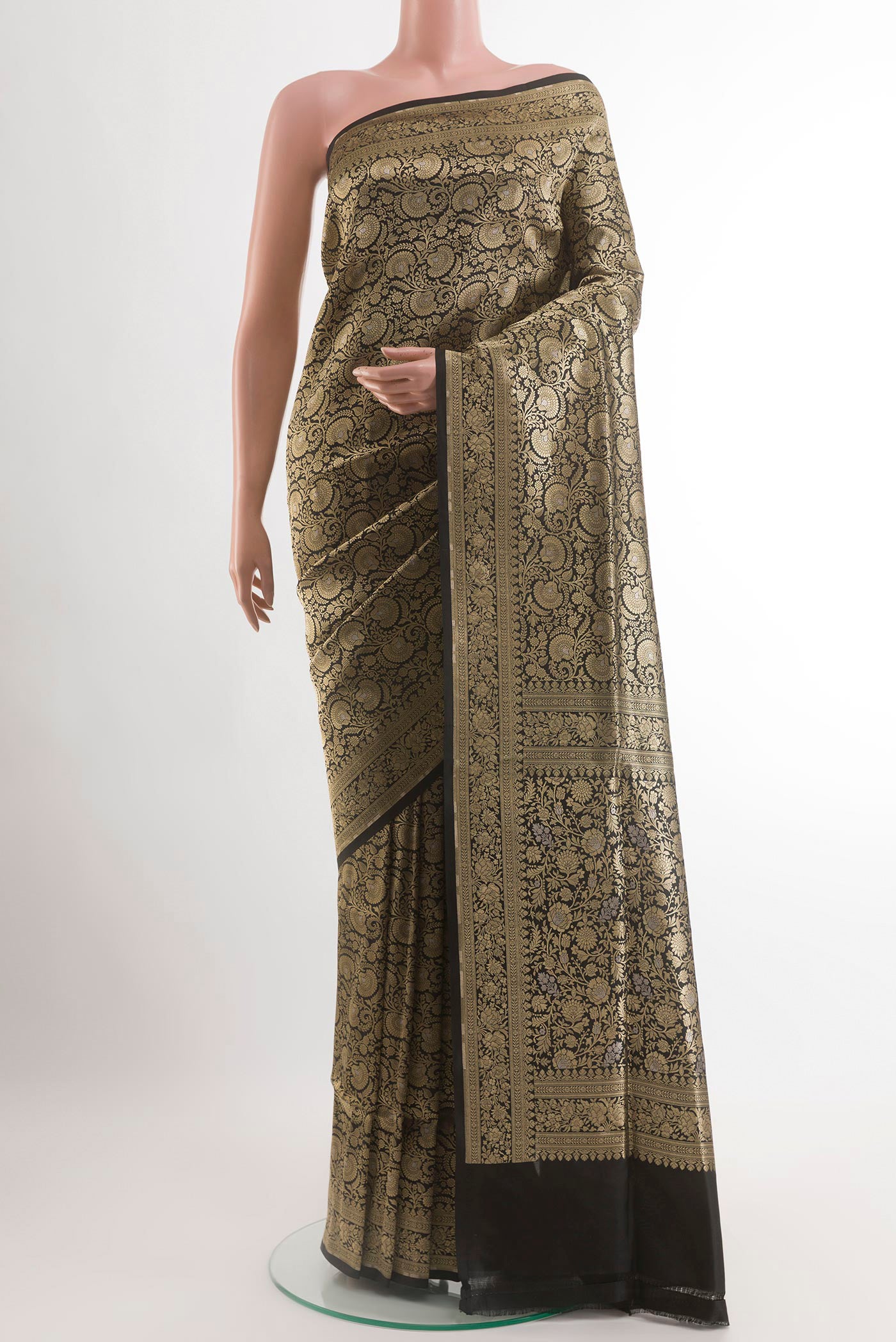 Black Banarasi Silk Saree with Zari Brocade on the body and Zari Border.  displayed on a mannequin